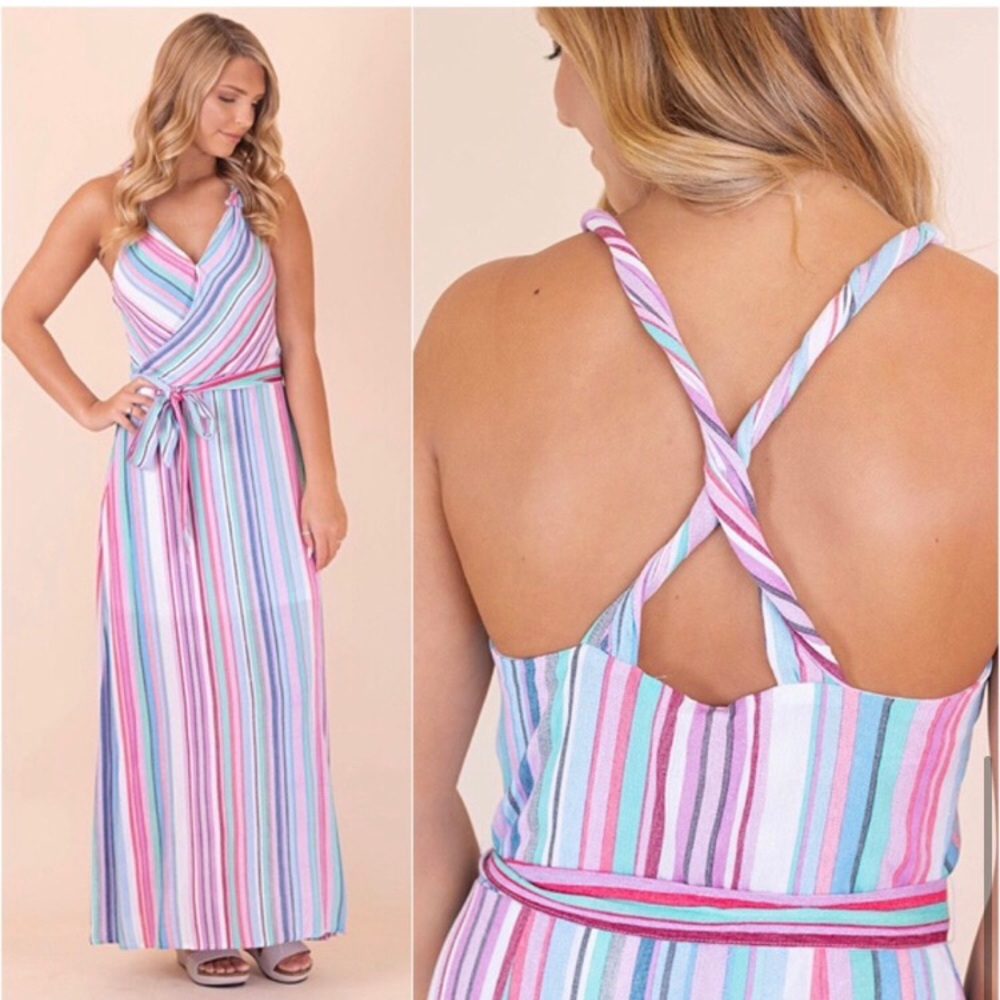 Pastel striped spring summer maxi dress - Picture 1 of 8